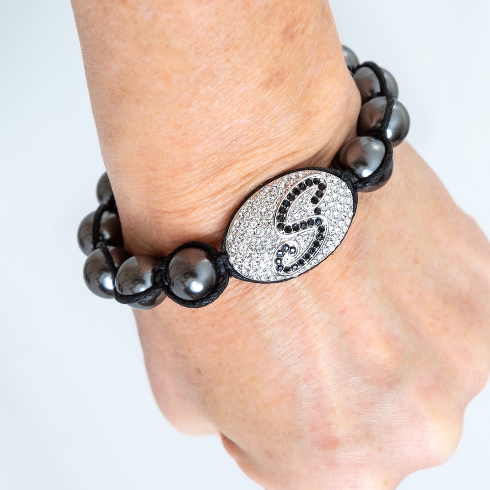 Joan Boyce beaded bracelet angel eye & faux diamonds letter S
